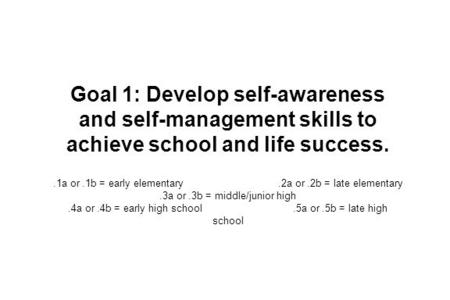 Goal 1: Develop self-awareness and self-management skills to achieve school and life success..1a or.1b = early elementary.2a or.2b = late elementary.3a.