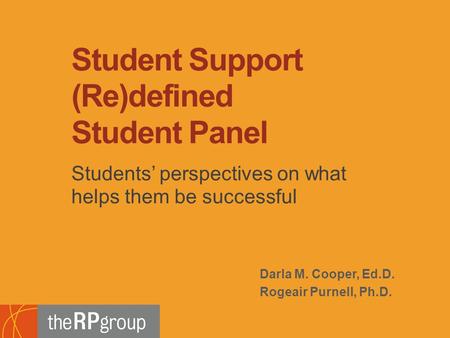 Darla M. Cooper, Ed.D. Rogeair Purnell, Ph.D. Students’ perspectives on what helps them be successful Student Support (Re)defined Student Panel.