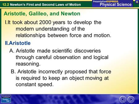12.2 Newton’s First and Second Laws of Motion I.It took about 2000 years to develop the modern understanding of the relationships between force and motion.
