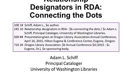 Relationship Designators in RDA: Connecting the Dots 100 1# Schiff, Adam L., $e author. 245 10 Relationship designators in RDA : $b connecting the dots.