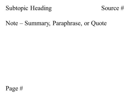 Subtopic HeadingSource # Note – Summary, Paraphrase, or Quote Page #