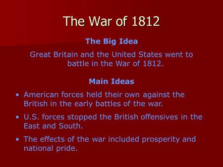 Great Britain and the United States went to battle in the War of 1812.
