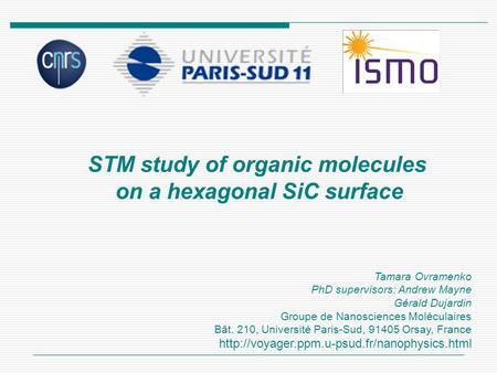 STM study of organic molecules on a hexagonal SiC surface Tamara Ovramenko PhD supervisors: Andrew Mayne Gérald Dujardin Groupe de Nanosciences Moléculaires.