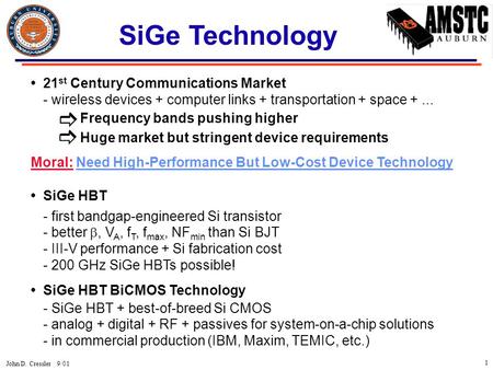 John D. Cressler 9/01 1 21 st Century Communications Market - wireless devices + computer links + transportation + space +... Frequency bands pushing higher.