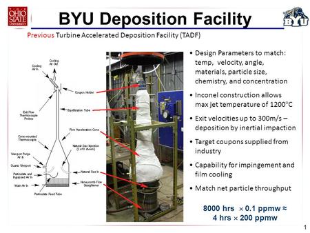 1 BYU Deposition Facility Previous Turbine Accelerated Deposition Facility (TADF) Design Parameters to match: temp, velocity, angle, materials, particle.
