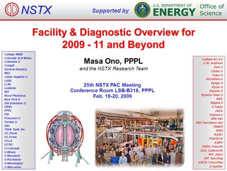 Facility & Diagnostic Overview for 2009 - 11 and Beyond Masa Ono, PPPL and the NSTX Research Team 25th NSTX PAC Meeting Conference Room LSB-B318, PPPL.
