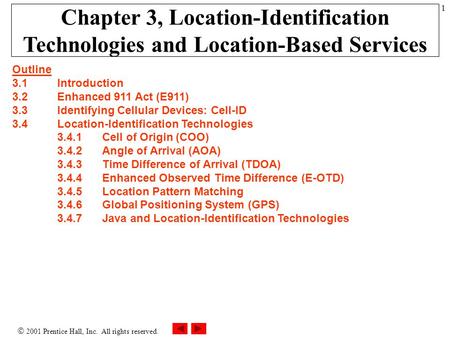  2001 Prentice Hall, Inc. All rights reserved. 1 Chapter 3, Location-Identification Technologies and Location-Based Services Outline 3.1 Introduction.