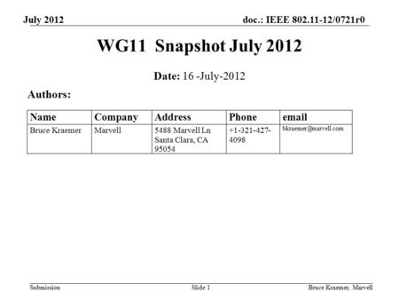 Doc.: IEEE 802.11-12/0721r0 Submission July 2012 Bruce Kraemer, MarvellSlide 1 WG11 Snapshot July 2012 Date: 16 -July-2012 Authors: