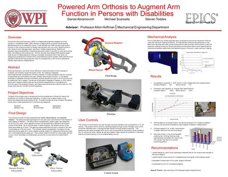 Powered Arm Orthosis to Augment Arm Function in Persons with Disabilities Daniel Abramovich Michael Scarsella Steven Toddes Advisor: Professor Allen Hoffman.