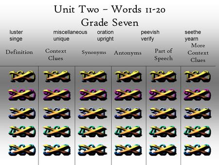 Unit Two – Words 11-20 Grade Seven Definition Context Clues Synonyms Antonyms Part of Speech More Context Clues lustermiscellaneousorationpeevishseethe.
