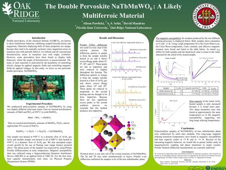 The Double Pervoskite NaTbMnWO 6 : A Likely Multiferroic Material † Alison Pawlicki, ‡ A. S. Sefat, ‡ David Mandrus † Florida State University, ‡ Oak Ridge.