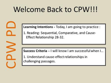 CPW PD Learning Intentions - Today, I am going to practice : 1. Reading: Sequential, Comparative, and Cause- Effect Relationship 28-32. Success Criteria.