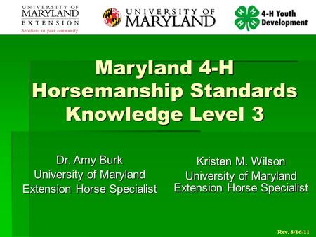 Maryland 4-H Horsemanship Standards Knowledge Level 3
