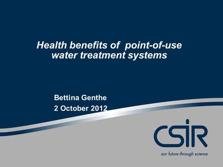Health benefits of point-of-use water treatment systems Bettina Genthe 2 October 2012.