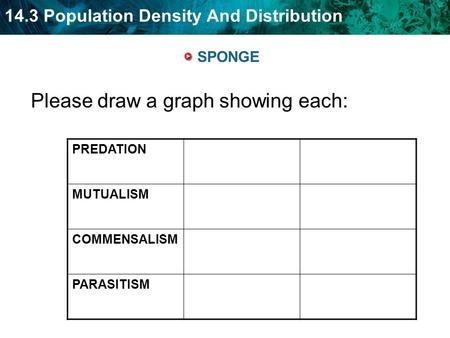 14.3 Population Density And Distribution SPONGE Please draw a graph showing each: PREDATION MUTUALISM COMMENSALISM PARASITISM.