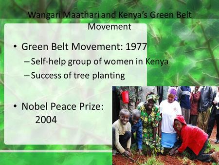 Wangari Maathari and Kenya’s Green Belt Movement Green Belt Movement: 1977 – Self-help group of women in Kenya – Success of tree planting Nobel Peace Prize: