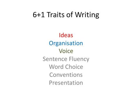 6+1 Traits of Writing Ideas Organisation Voice Sentence Fluency Word Choice Conventions Presentation.