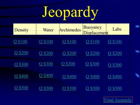 Jeopardy DensityWaterArchimedes Buoyancy Displacement Labs Q $100 Q $200 Q $300 Q $400 Q $500 Q $100 Q $200 Q $300 Q $400 Q $500 Final Jeopardy.