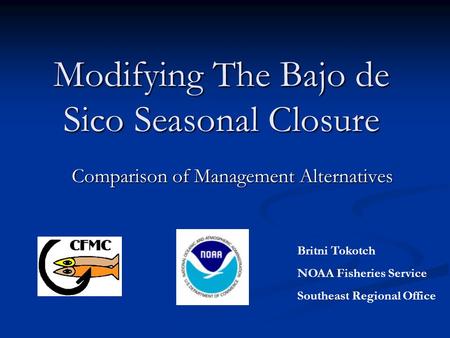 Modifying The Bajo de Sico Seasonal Closure Comparison of Management Alternatives Britni Tokotch NOAA Fisheries Service Southeast Regional Office.