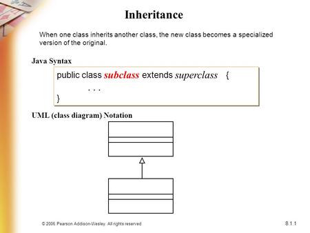 © 2006 Pearson Addison-Wesley. All rights reserved 8.1.1 Inheritance When one class inherits another class, the new class becomes a specialized version.