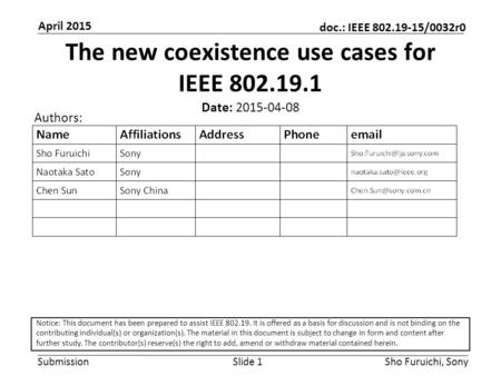 Submission doc.: IEEE 802.19-15/0032r0 April 2015 Sho Furuichi, SonySlide 1 The new coexistence use cases for IEEE 802.19.1 Date: 2015-04-08 Authors: Notice: