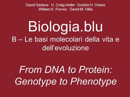 David Sadava H. Craig Heller Gordon H. Orians William K. Purves David M. Hillis Biologia.blu B – Le basi molecolari della vita e dell’evoluzione From DNA.