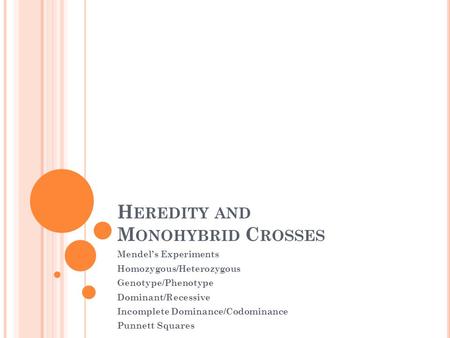 H EREDITY AND M ONOHYBRID C ROSSES Mendel’s Experiments Homozygous/Heterozygous Genotype/Phenotype Dominant/Recessive Incomplete Dominance/Codominance.