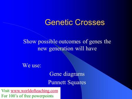 Genetic Crosses Show possible outcomes of genes the new generation will have We use: Gene diagrams Punnett Squares Visit www.worldofteaching.comwww.worldofteaching.com.