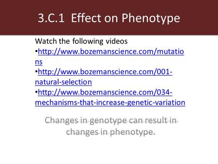 3.C.1 Effect on Phenotype Changes in genotype can result in changes in phenotype. Watch the following videos  ns