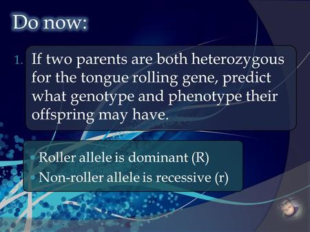1. If two parents are both heterozygous for the tongue rolling gene, predict what genotype and phenotype their offspring may have. Roller allele is dominant.