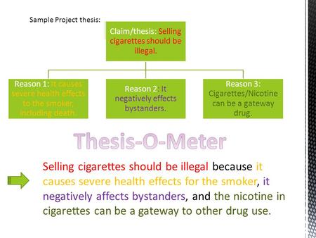 Sample Project thesis: Topic: Smoking Claim/thesis: Selling cigarettes should be illegal. Reason 1: It causes severe health effects to the smoker, including.