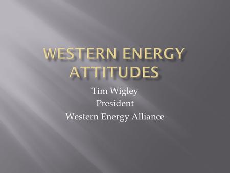 Tim Wigley President Western Energy Alliance. Bringing discipline to our advocacy and offering political cover to our friends and allies.