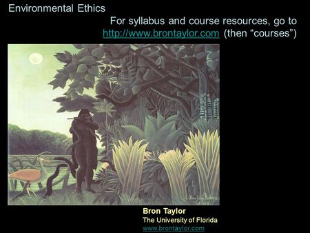 Environmental Ethics For syllabus and course resources, go to  (then “courses”)  Bron Taylor The University.