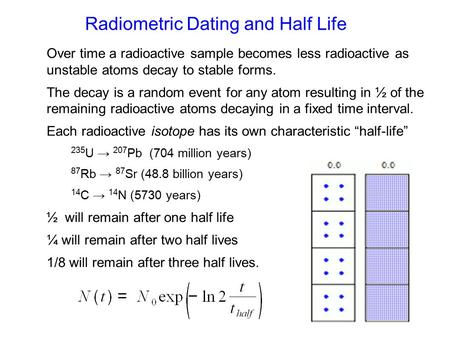 Radiometric Dating and Half Life Over time a radioactive sample becomes less radioactive as unstable atoms decay to stable forms. The decay is a random.