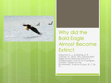 Why did the Bald Eagle Almost Become Extinct Glassman, S. J., & Sterling, D. R. (January 01, 2012). Why Did the Bald Eagle Almost Become Extinct? A Guided.