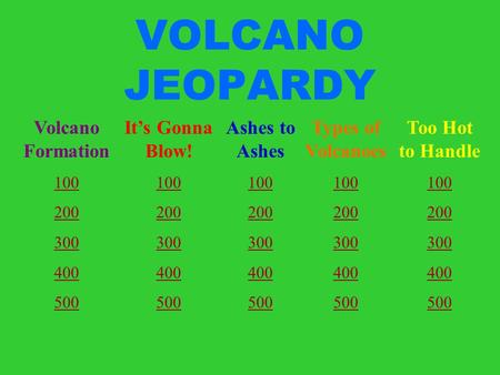 VOLCANO JEOPARDY Volcano Formation 100 200 300 400 500 It’s Gonna Blow! 100 200 300 400 500 Ashes to Ashes 100 200 300 400 500 Types of Volcanoes 100 200.