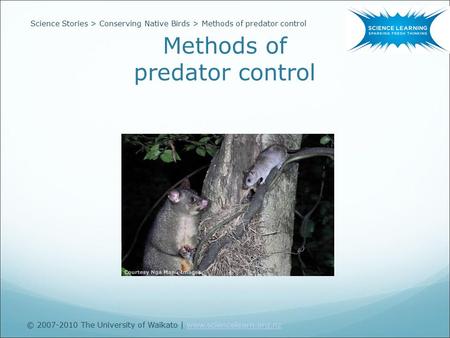 Methods of predator control Science Stories > Conserving Native Birds > Methods of predator control © 2007-2010 The University of Waikato | www.sciencelearn.org.nzwww.sciencelearn.org.nz.