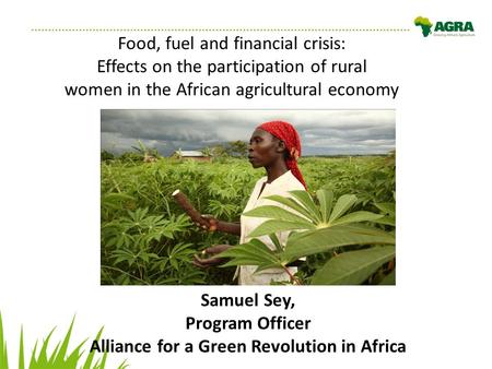 Food, fuel and financial crisis: Effects on the participation of rural women in the African agricultural economy Samuel Sey, Program Officer Alliance for.