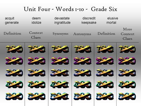 Unit Four - Words 1-10 - Grade Six Definition Context Clues Synonyms Antonyms Definition More Context Clues acquit deem devastate discredit elusive generate.