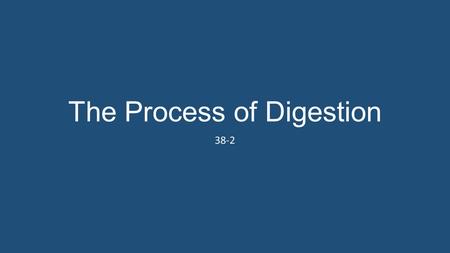 The Process of Digestion 38-2. The digestive system A one way tube which includes the mouth, pharynx, esophagus, stomach, small intestine and large intestine.