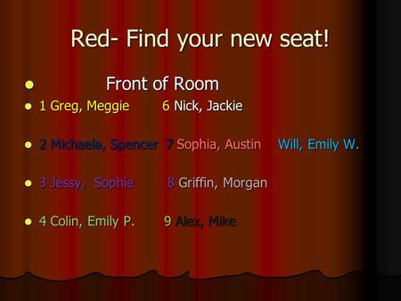 Red- Find your new seat! Front of Room Front of Room 1 Greg, Meggie 6 Nick, Jackie 1 Greg, Meggie 6 Nick, Jackie 2 Michaela, Spencer 7 Sophia, Austin Will,