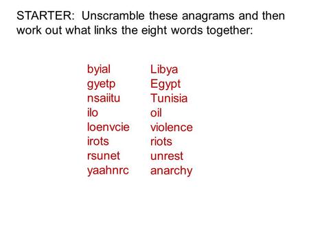 STARTER: Unscramble these anagrams and then work out what links the eight words together: byial gyetp nsaiitu ilo loenvcie irots rsunet yaahnrc Libya Egypt.
