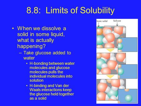 8.8: Limits of Solubility When we dissolve a solid in some liquid, what is actually happening? –Take glucose added to water H-bonding between water molecules.