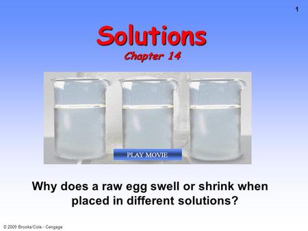 1 © 2009 Brooks/Cole - Cengage Solutions Chapter 14 Why does a raw egg swell or shrink when placed in different solutions? PLAY MOVIE.