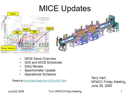 June 26, 2009TLH, NFMCC Friday Meeting1 MICE Updates MICE News Overview ISIS and MICE Schedules DAQ Review Spectrometer Update Aspirational Schedule Terry.