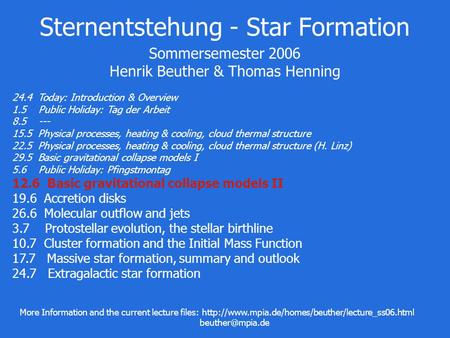 Sternentstehung - Star Formation Sommersemester 2006 Henrik Beuther & Thomas Henning 24.4 Today: Introduction & Overview 1.5 Public Holiday: Tag der Arbeit.