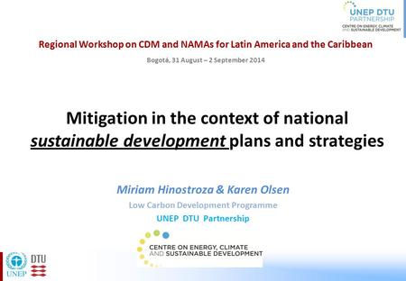 Mitigation in the context of national sustainable development plans and strategies Miriam Hinostroza & Karen Olsen Low Carbon Development Programme UNEP.