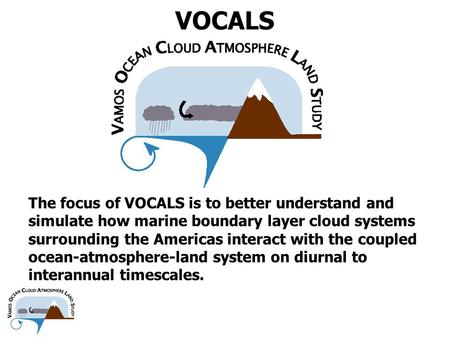 VOCALS The focus of VOCALS is to better understand and simulate how marine boundary layer cloud systems surrounding the Americas interact with the coupled.