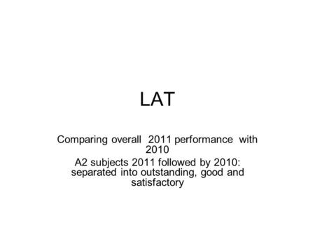 LAT Comparing overall 2011 performance with 2010 A2 subjects 2011 followed by 2010: separated into outstanding, good and satisfactory.