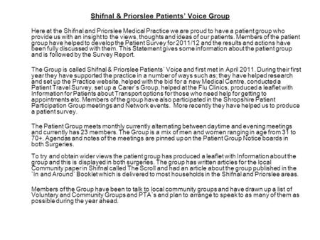 Shifnal & Priorslee Patients’ Voice Group